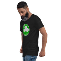 Silver Shamrock Novelties design on unisex V-neck shirt, left-front view