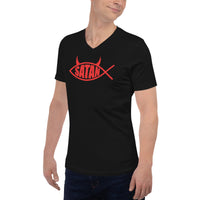 Red Satan Fish design on unisex V-neck shirt, left-front view
