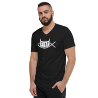 White Satan Fish design on unisex V-neck shirt, left-front view