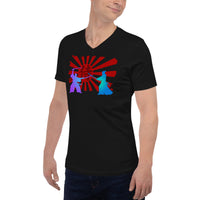 Samurai Duel Rising Sun design on unisex V-neck shirt, left-front view