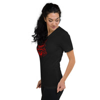 Red Samurai Kabuto Mask design on unisex V-neck shirt, left-front view