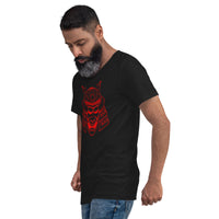 Red Samurai Kabuto Mask design on unisex V-neck shirt, left-front view