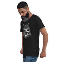 White Samurai Kabuto Mask design on unisex V-neck shirt, left-front view