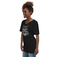 White Samurai Kabuto Mask design on unisex V-neck shirt, left-front view