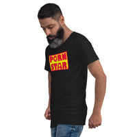 Yellow Red Porn Star Logo design on unisex V-neck shirt, left-front view