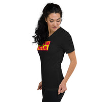 Yellow Red Porn Star Logo design on unisex V-neck shirt, left-front view