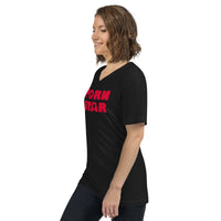 Red Porn Star Logo design on unisex V-neck shirt, left-front view