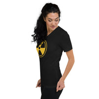 Radiation Warning Symbol design on unisex V-neck shirt, left-front view