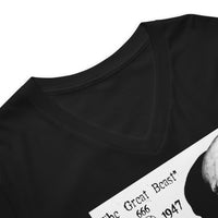 Aleister Crowley design on unisex V-neck shirt, detail view