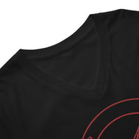 Red Sigil of Baphomet design on unisex V-neck shirt, detail view