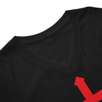 Red Leviathan Cross design on unisex V-neck shirt, detail view