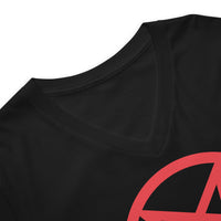 Red Inverted Pentagram design on unisex V-neck shirt, detail view