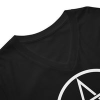 White Wiccan Pentagram design on unisex V-neck shirt, detail view