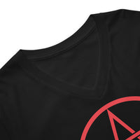 Red Wiccan Pentagram design on unisex V-neck shirt, detail view