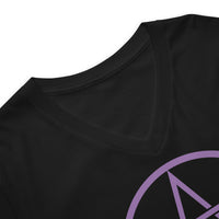 Purple Wiccan Pentagram design on unisex V-neck shirt, detail view