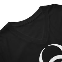 White Biohazard Symbol design on unisex V-neck shirt, detail view