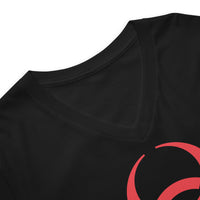 Red Biohazard Symbol design on unisex V-neck shirt, detail view