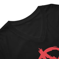 Red Anarchy Symbol design on unisex V-neck shirt, detail view