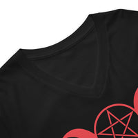 Red Triple Moon Goddess design on unisex V-neck shirt, detail view