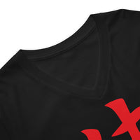Red Samurai Kanji 侍 design on unisex V-neck shirt, detail view