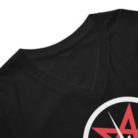 Satanic Church Sigil Bolt design on unisex V-neck shirt, detail view