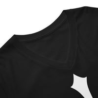 White Inverted Cross design on unisex V-neck shirt, detail view