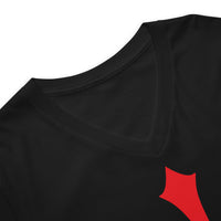 Red Inverted Cross design on unisex V-neck shirt, detail view