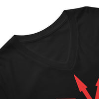 Red Chaos Star design on unisex V-neck shirt, detail view