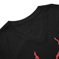 Red Melting Inverted Pentagram design on unisex V-neck shirt, detail view