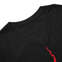 Red Melting Inverted Cross design on unisex V-neck shirt, detail view