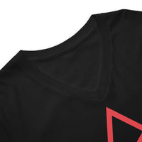 Red Unicursal Hexagram design on unisex V-neck shirt, detail view