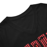 Black Red Gothic Stripes design on unisex V-neck shirt, detail view
