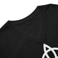 Celtic Triquetra design on unisex V-neck shirt, detail view