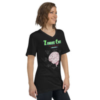 Zombie Cafe Brains Menu design on unisex V-neck shirt, right-front view