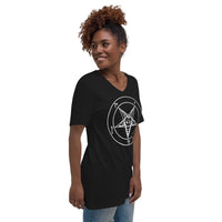 Sigil of Baphomet design on unisex V-neck shirt, right-front view