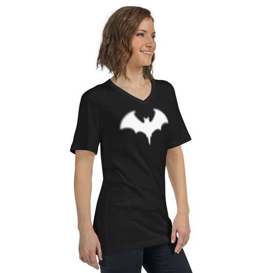 Blurry Bat design on unisex V-neck shirt, right-front view