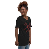 Red Sigil of Baphomet design on unisex V-neck shirt, right-front view