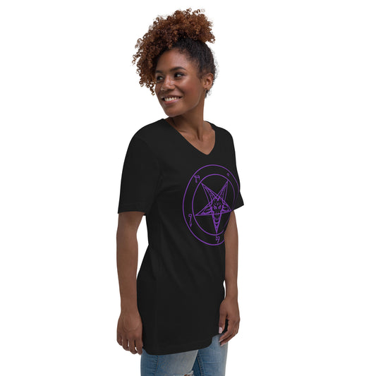 Purple Sigil of Baphomet design on unisex V-neck shirt, right-front view