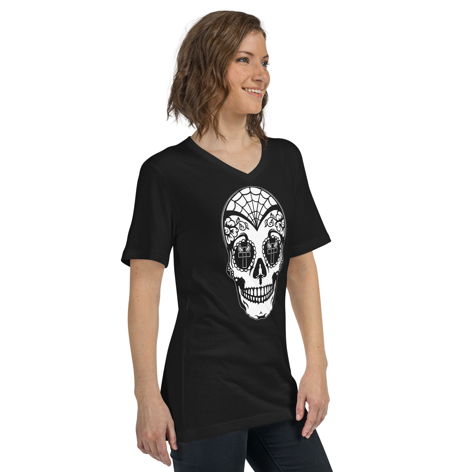 White Sugar Skull Day of the Dead Halloween Women’s Short Sleeve V-Neck T-Shirt - Edge of Life Designs