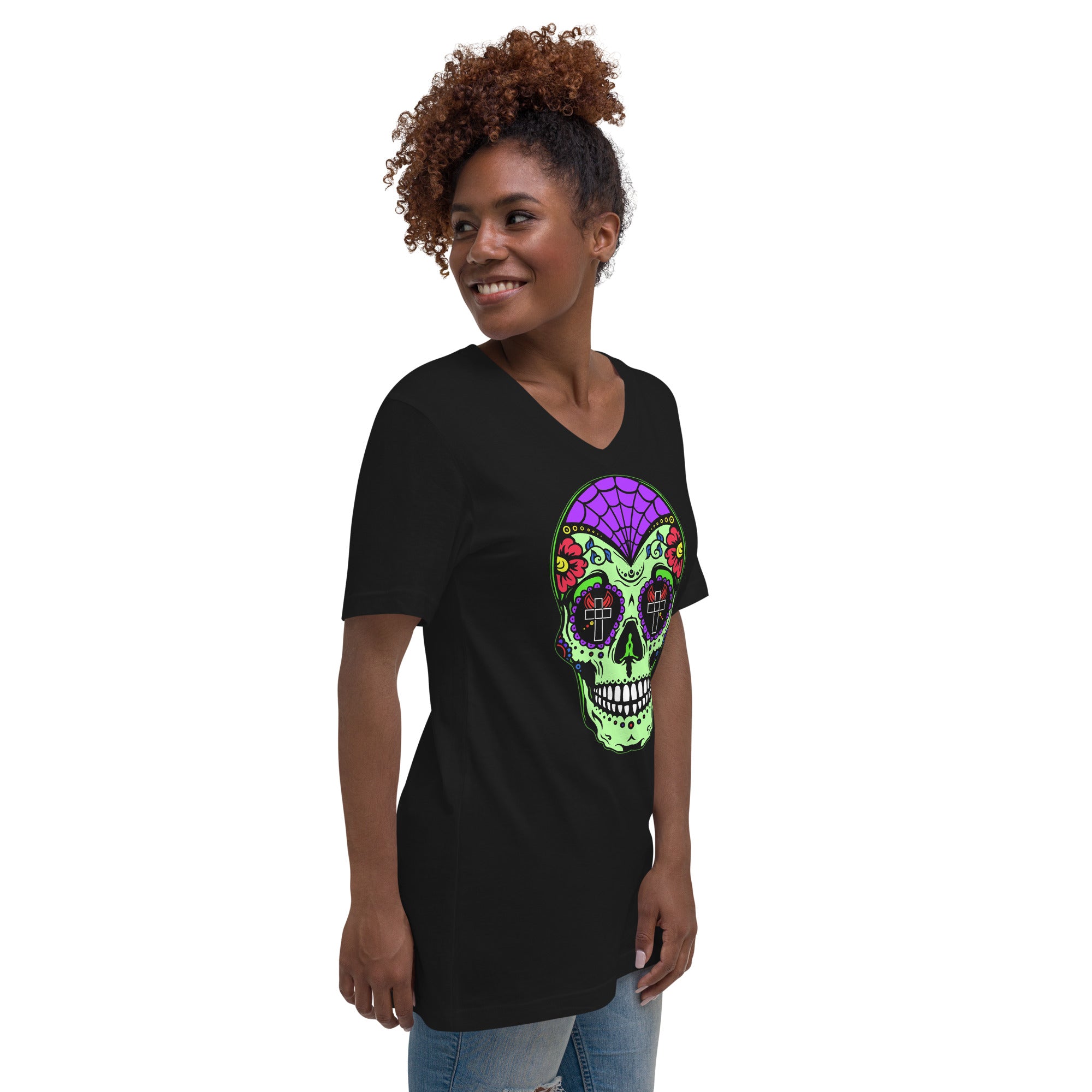 Green Sugar Skull Day of the Dead Halloween Women’s Short Sleeve V-Neck T-Shirt - Edge of Life Designs