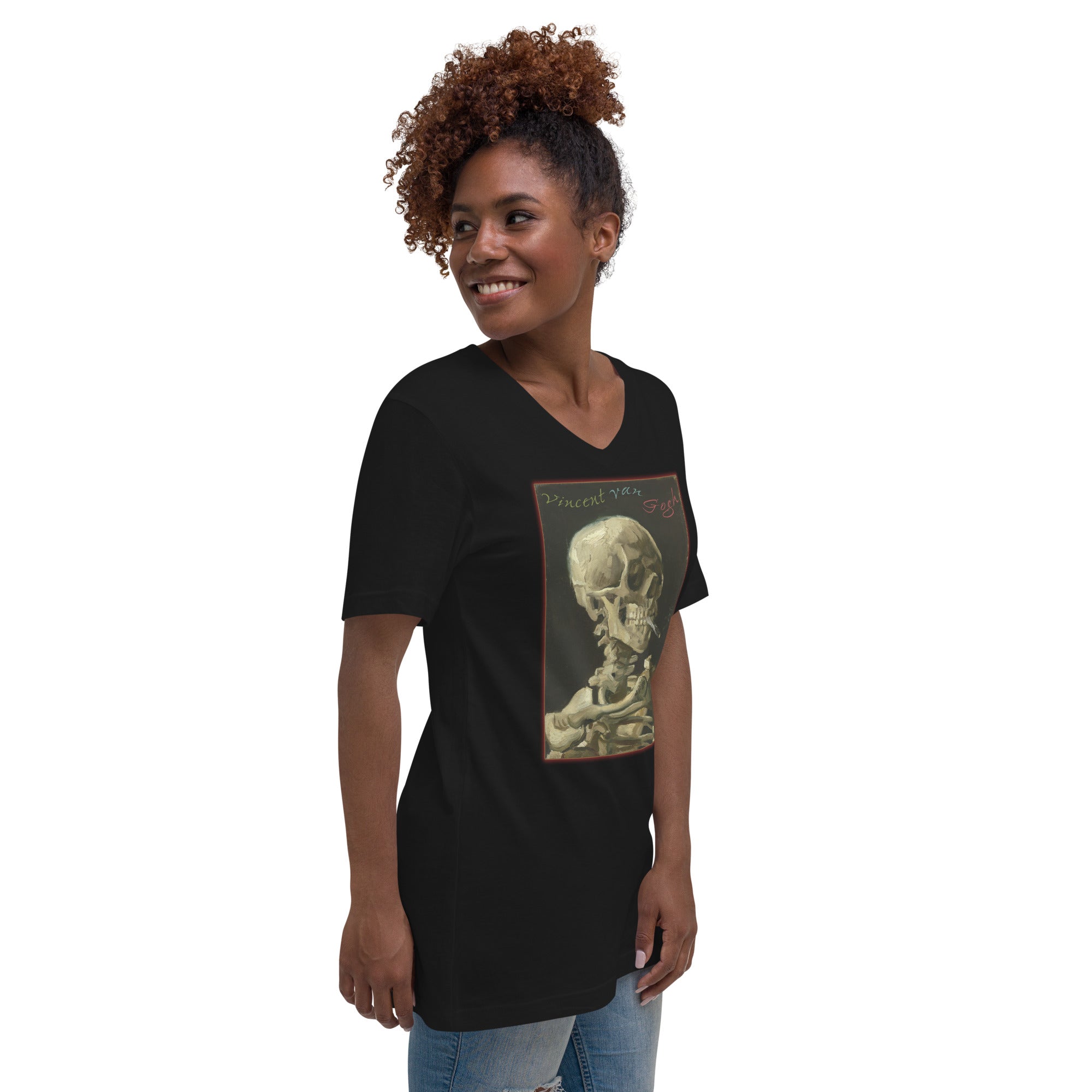 Skull of a Skeleton with Burning Cigarette Vincent Van Gogh Women’s Short Sleeve V-Neck T-Shirt - Edge of Life Designs