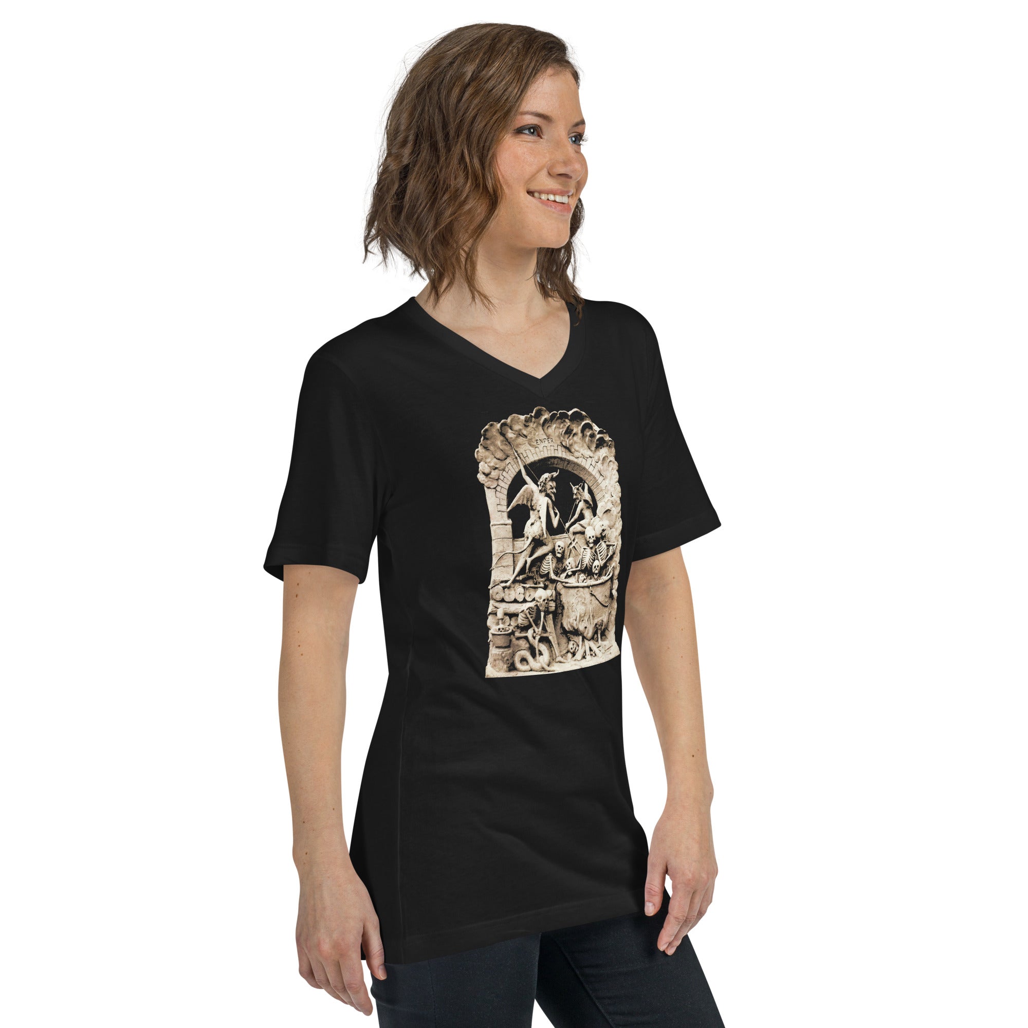 Les Diableries The Pits of Hell and the Devil Women’s Short Sleeve V-Neck T-Shirt - Edge of Life Designs