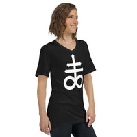 White Leviathan Cross design on unisex V-neck shirt, right-front view