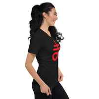 Red Leviathan Cross design on unisex V-neck shirt, right-front view