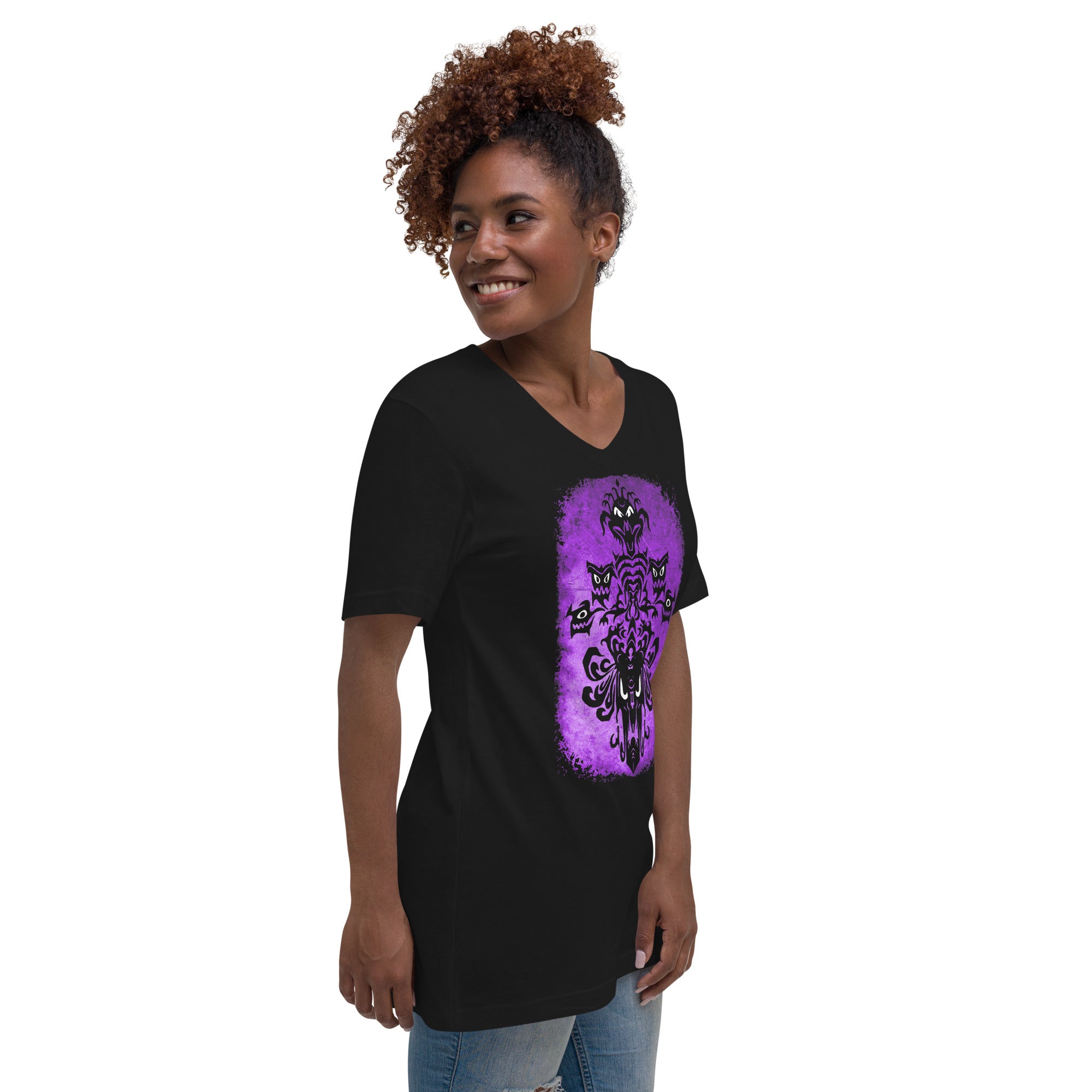 Haunted Mansion Demon Spirits Wallpaper Women’s Short Sleeve V-Neck T-Shirt - Edge of Life Designs