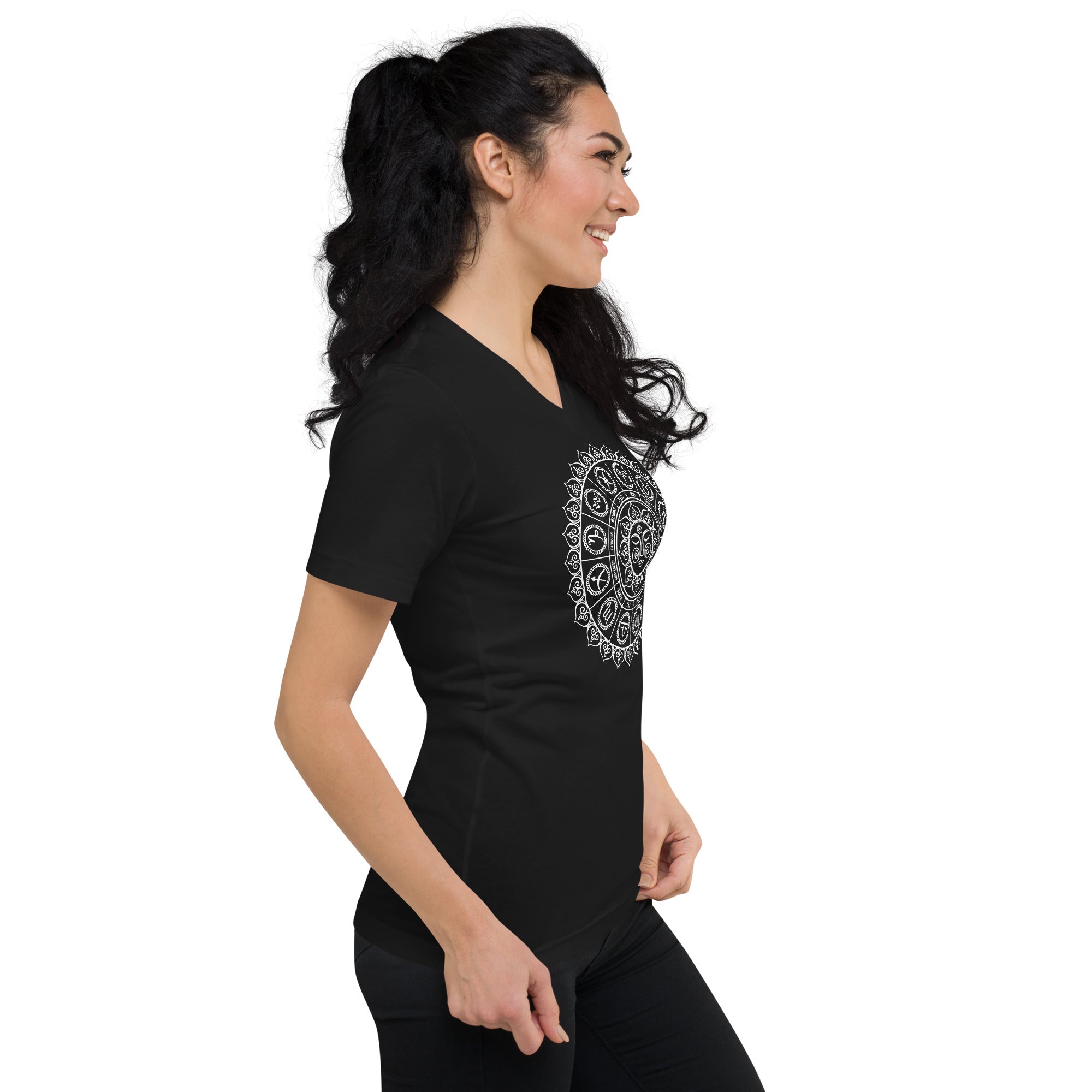 Cosmic Zodiac Signs Astrology Sun Wheel Women’s Short Sleeve V-Neck T-Shirt - Edge of Life Designs