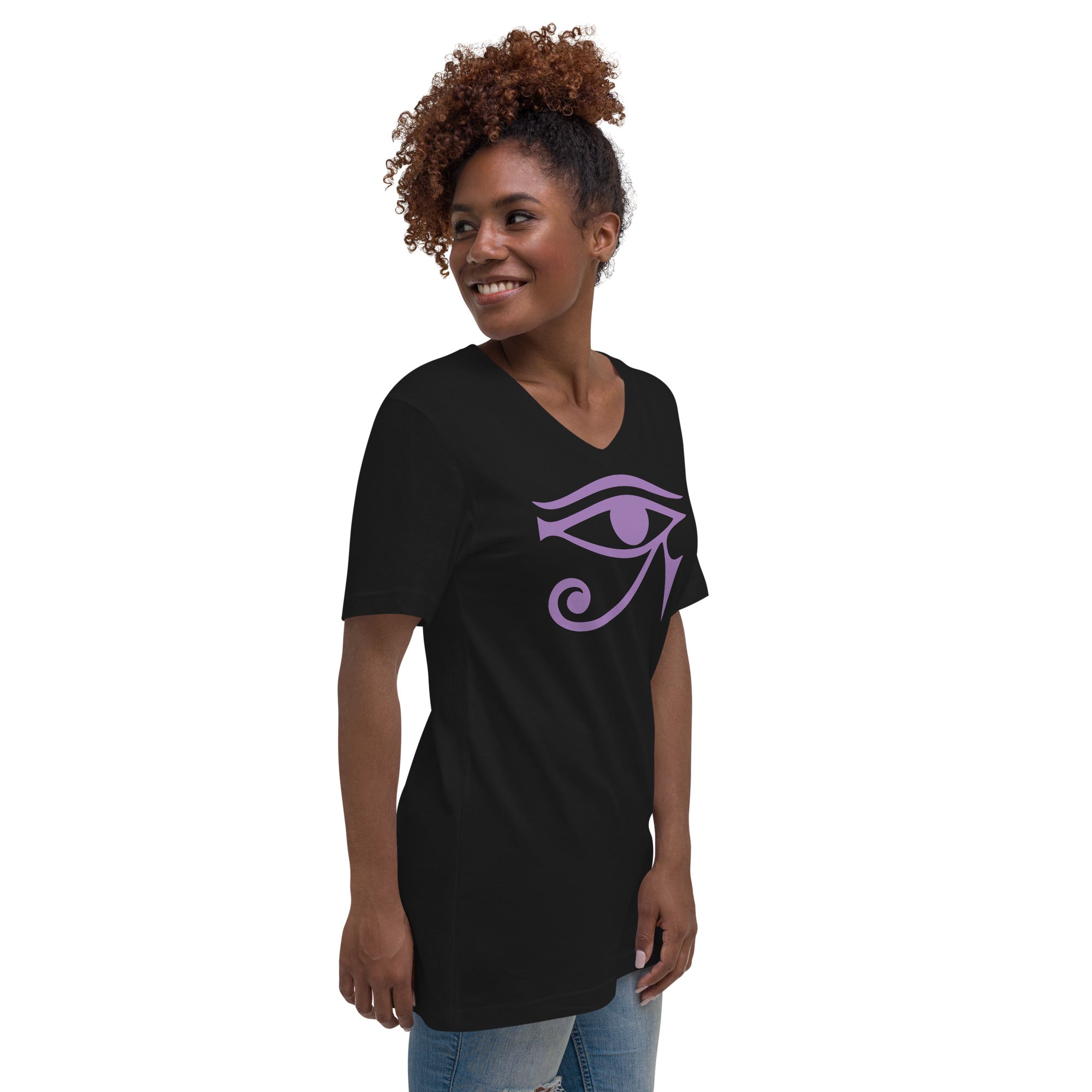 Eye of Ra Egyptian Goddess Women’s Short Sleeve V-Neck T-Shirt Purple Print - Edge of Life Designs