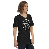 White Wiccan Pentagram design on unisex V-neck shirt, right-front view
