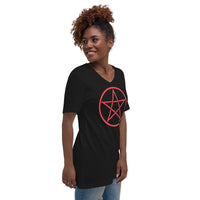 Red Wiccan Pentagram design on unisex V-neck shirt, right-front view