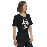 White Biohazard Symbol design on unisex V-neck shirt, right-front view